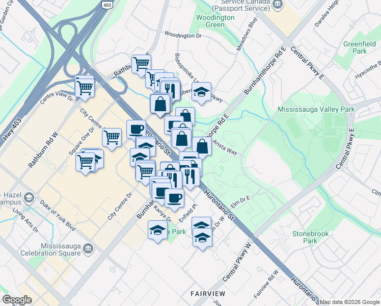 map of restaurants, bars, coffee shops, grocery stores, and more near in Mississauga