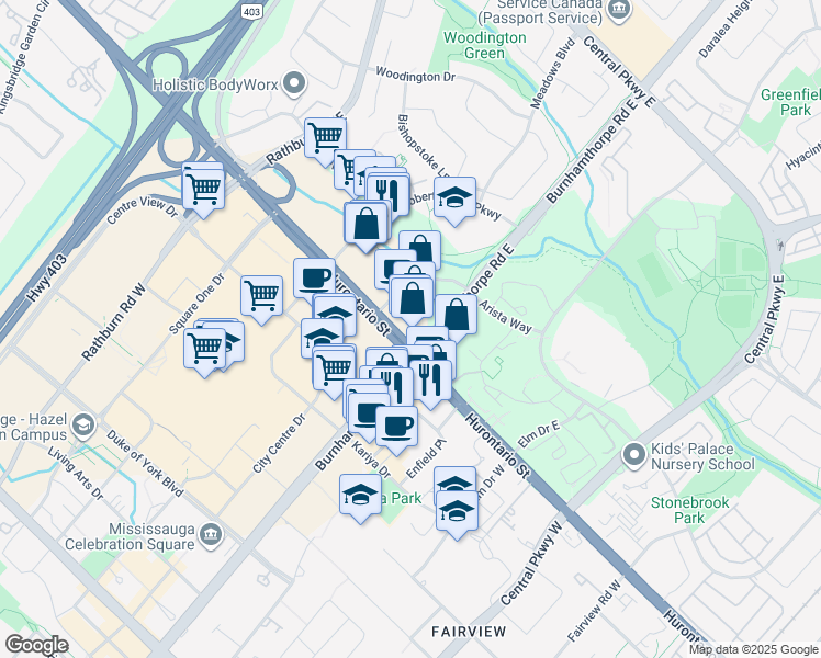 map of restaurants, bars, coffee shops, grocery stores, and more near in Mississauga