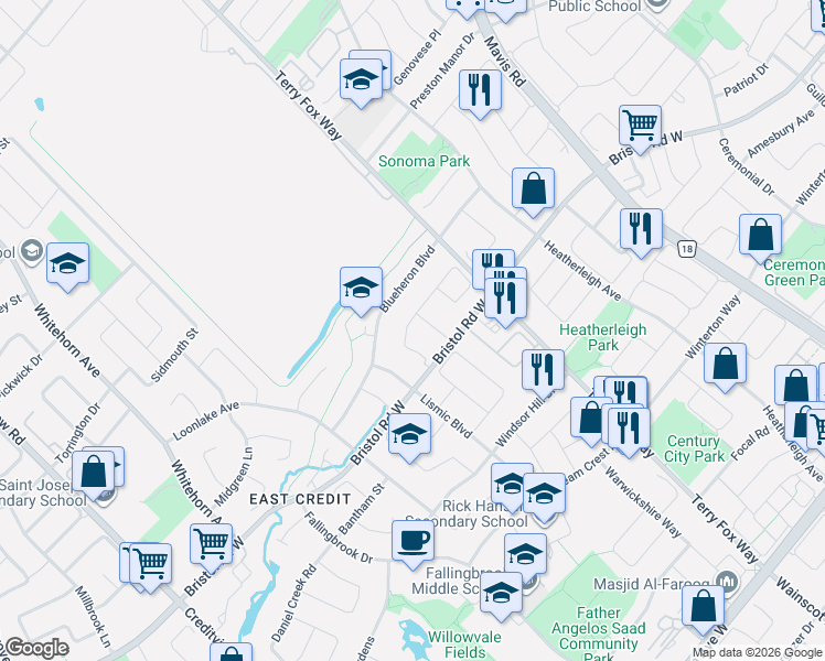 map of restaurants, bars, coffee shops, grocery stores, and more near 5428 Sweetgrass Gate in Mississauga