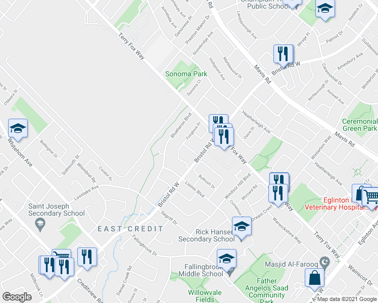 map of restaurants, bars, coffee shops, grocery stores, and more near 5428 Sweetgrass Gate in Mississauga