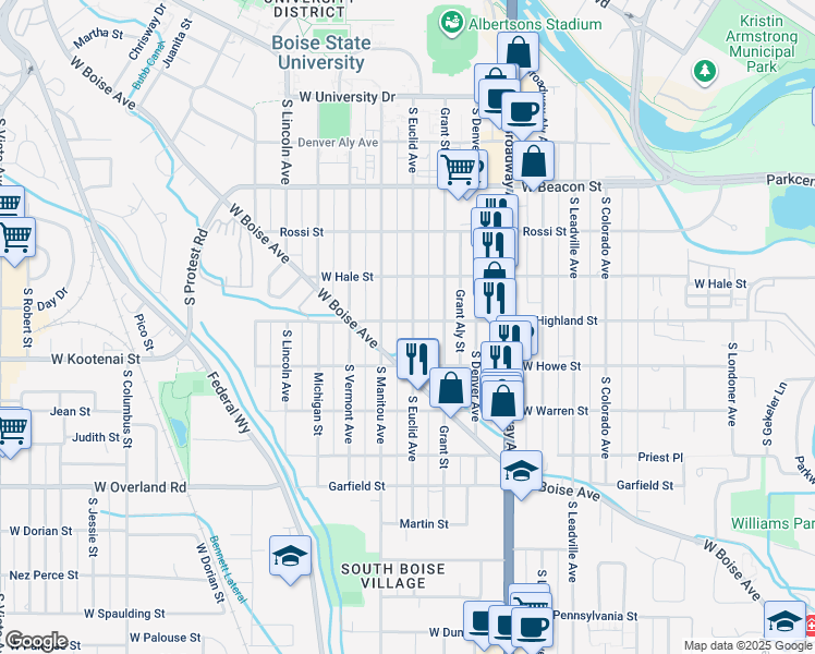 map of restaurants, bars, coffee shops, grocery stores, and more near 1325 West Highland Street in Boise