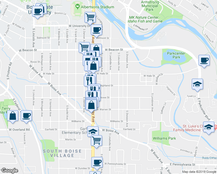 map of restaurants, bars, coffee shops, grocery stores, and more near 801 West Highland Street in Boise