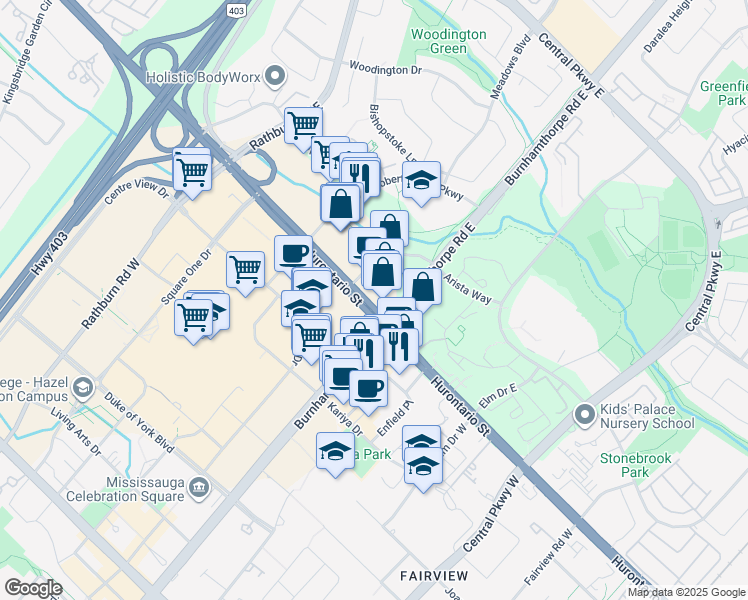 map of restaurants, bars, coffee shops, grocery stores, and more near 4033 Hurontario Street in Mississauga