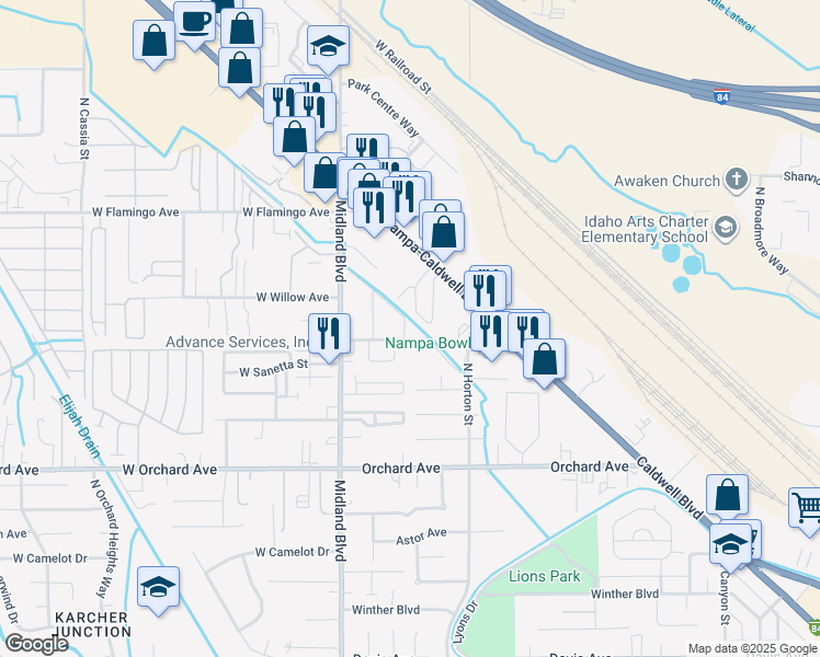 map of restaurants, bars, coffee shops, grocery stores, and more near 1106 N Adams St in Nampa