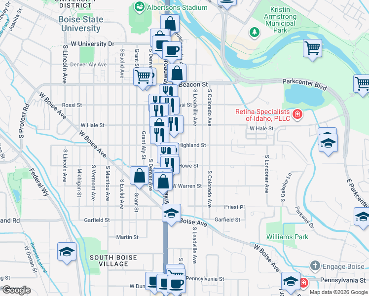 map of restaurants, bars, coffee shops, grocery stores, and more near 801 West Highland Street in Boise