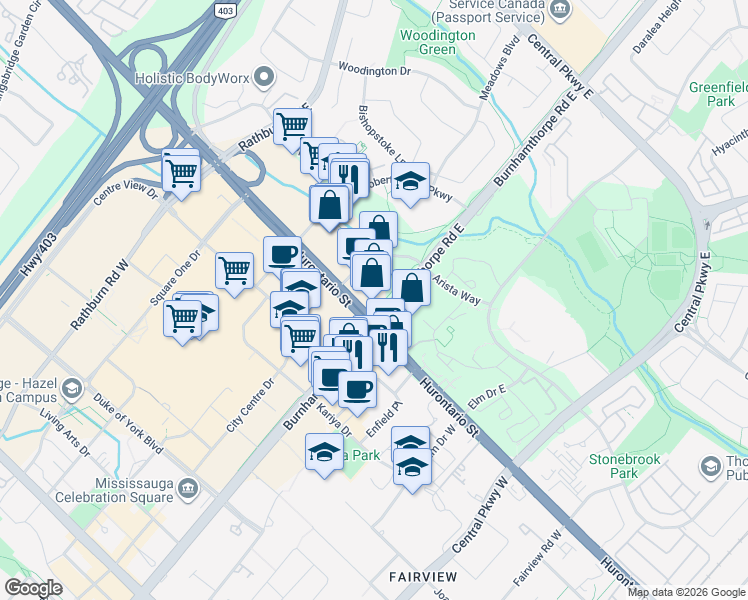 map of restaurants, bars, coffee shops, grocery stores, and more near 60 Absolute Avenue in Mississauga