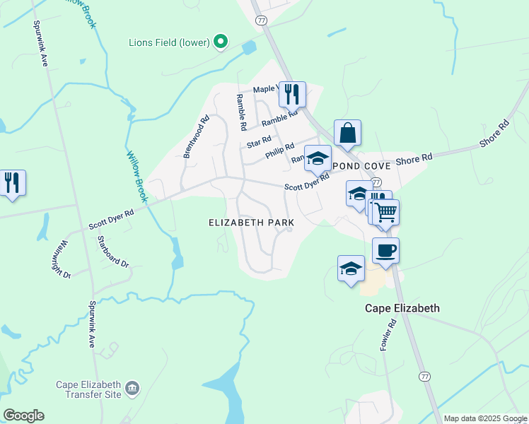 map of restaurants, bars, coffee shops, grocery stores, and more near 17 Orchard Rd in Cape Elizabeth