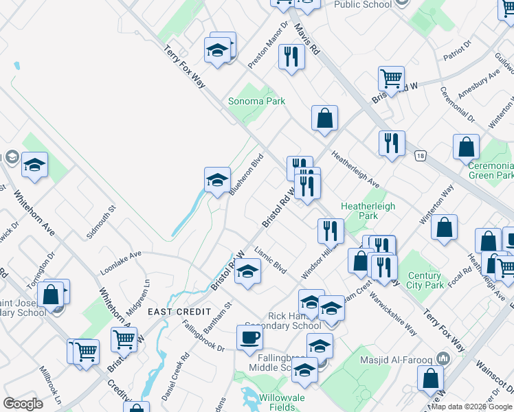map of restaurants, bars, coffee shops, grocery stores, and more near 5434 Sweetgrass Gate in Mississauga