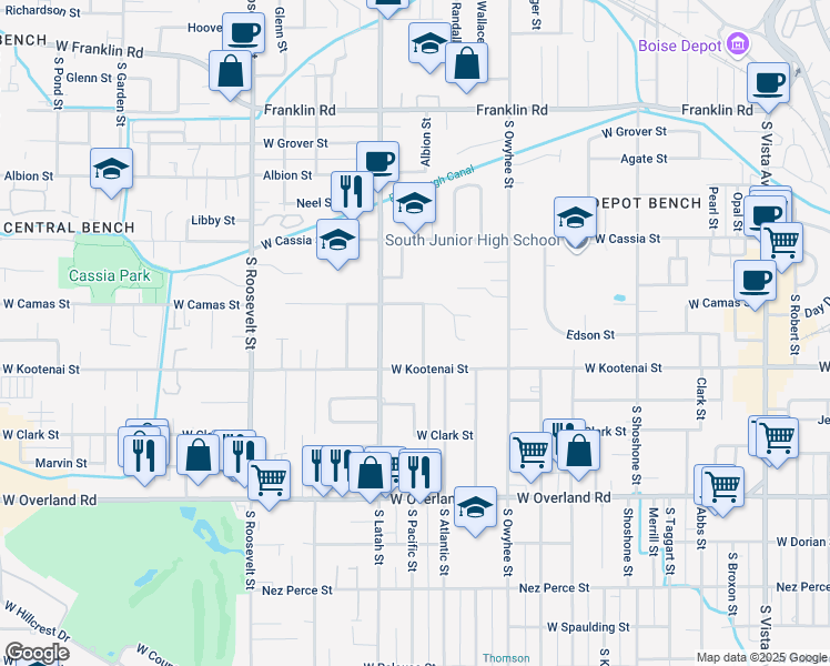 map of restaurants, bars, coffee shops, grocery stores, and more near 1021 Johnson Street in Boise