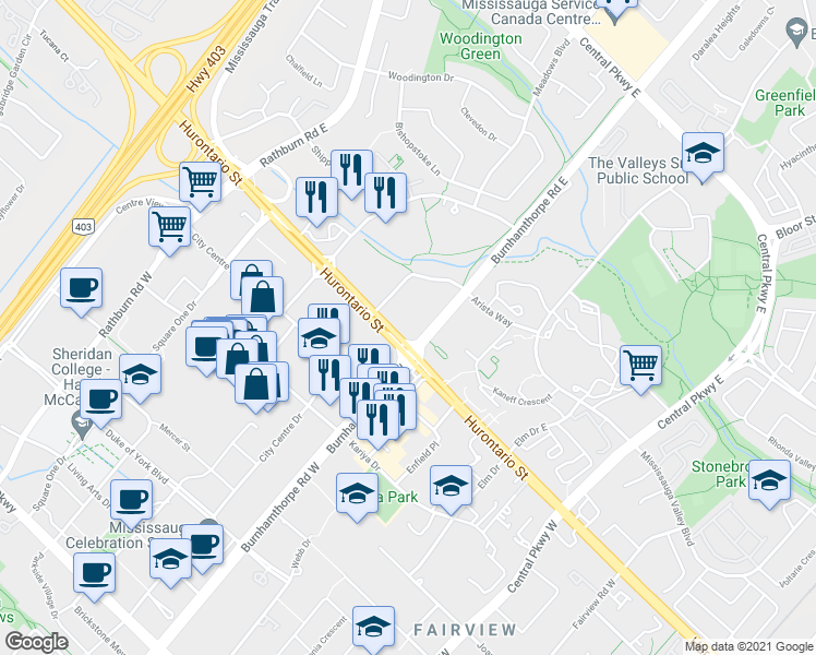 map of restaurants, bars, coffee shops, grocery stores, and more near in Mississauga