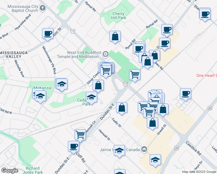 map of restaurants, bars, coffee shops, grocery stores, and more near 620 Lolita Gardens in Mississauga