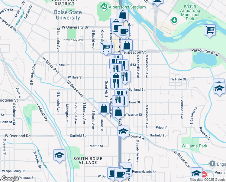 map of restaurants, bars, coffee shops, grocery stores, and more near 1017 West Highland Street in Boise
