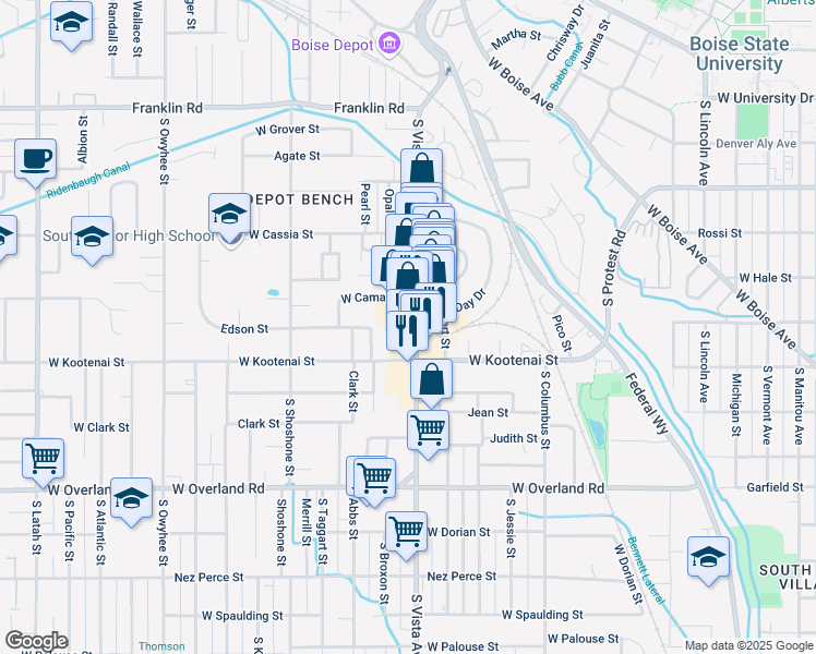 map of restaurants, bars, coffee shops, grocery stores, and more near 1103 South Vista Avenue in Boise