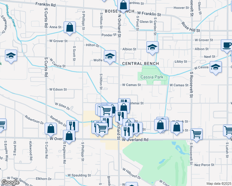 map of restaurants, bars, coffee shops, grocery stores, and more near 1011 South Orchard Street in Boise