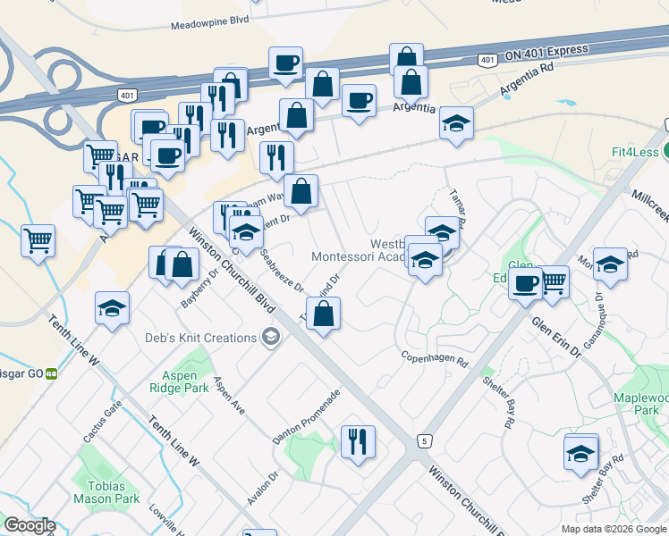 map of restaurants, bars, coffee shops, grocery stores, and more near 2911 Tradewind Drive in Mississauga