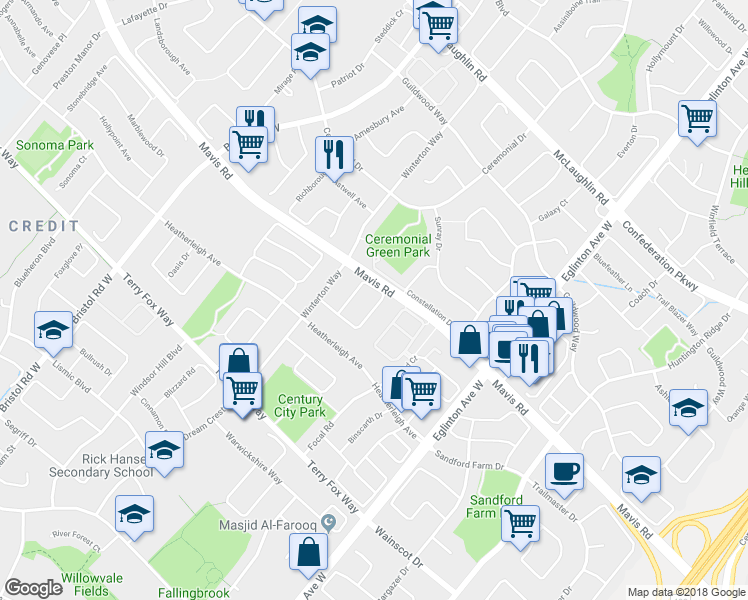 map of restaurants, bars, coffee shops, grocery stores, and more near 896 Applecroft Circle in Mississauga