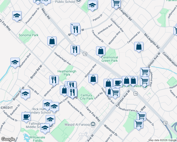 map of restaurants, bars, coffee shops, grocery stores, and more near 863 Winterton Way in Mississauga