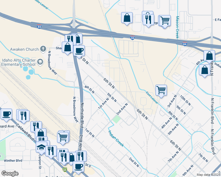 map of restaurants, bars, coffee shops, grocery stores, and more near 85 6th Street North in Nampa