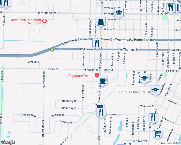 map of restaurants, bars, coffee shops, grocery stores, and more near 3428 East Fisher Road in Bay City