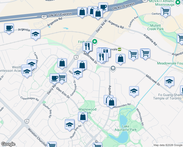 map of restaurants, bars, coffee shops, grocery stores, and more near 6935 Estoril Road in Mississauga