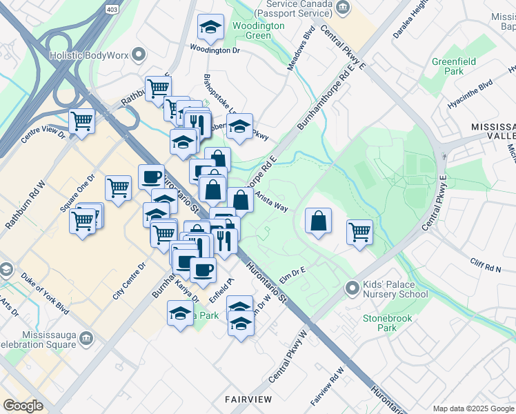 map of restaurants, bars, coffee shops, grocery stores, and more near 3700 Kaneff Crescent in Mississauga