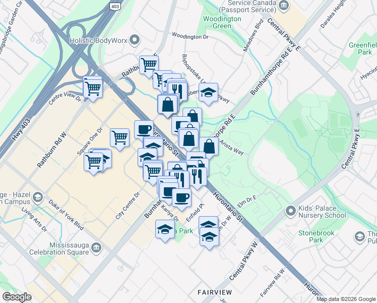 map of restaurants, bars, coffee shops, grocery stores, and more near 60 Absolute Avenue in Mississauga