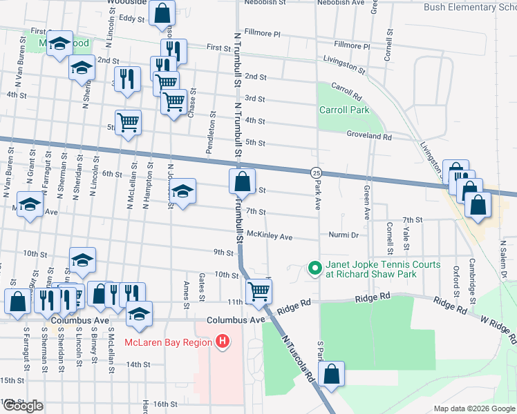 map of restaurants, bars, coffee shops, grocery stores, and more near 2105 7th Street in Bay City
