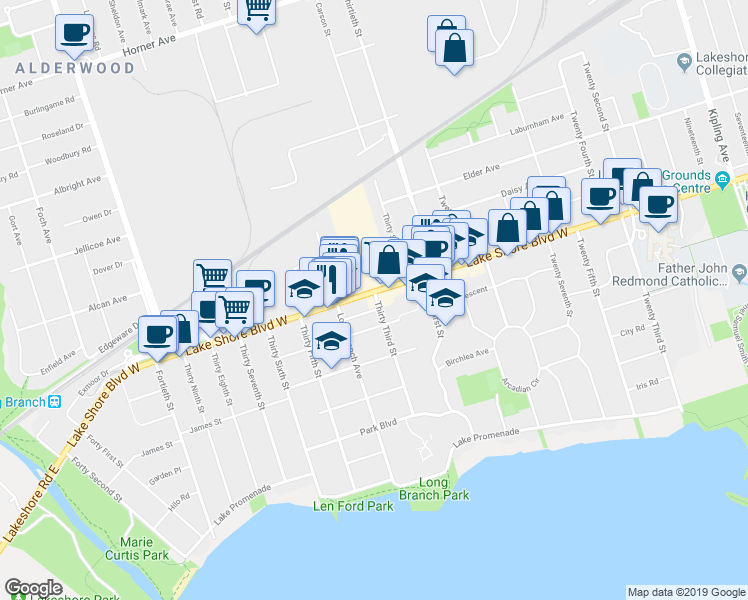map of restaurants, bars, coffee shops, grocery stores, and more near 3545 Lake Shore Boulevard West in Toronto
