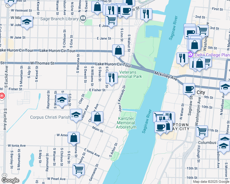 map of restaurants, bars, coffee shops, grocery stores, and more near 800-898 John F Kennedy Drive in Bay City