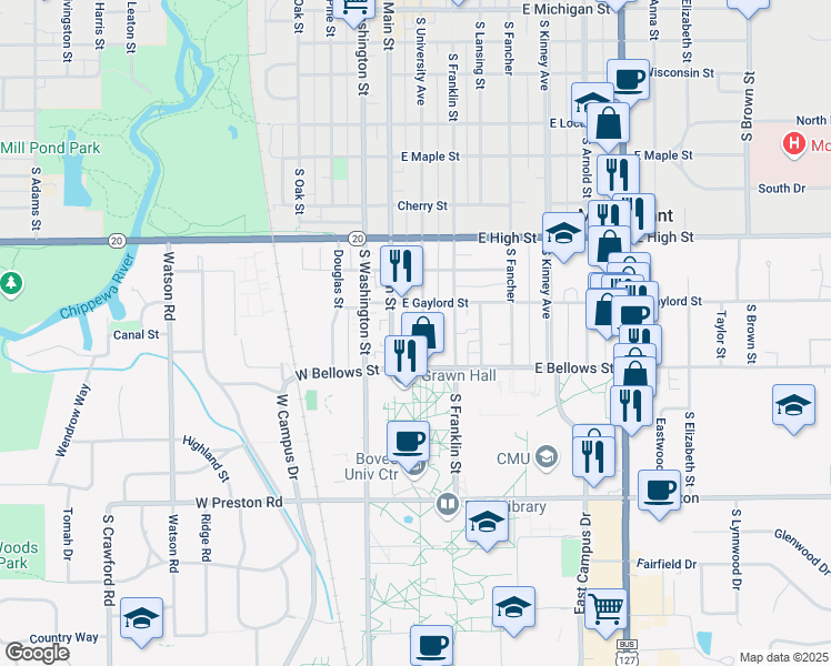 map of restaurants, bars, coffee shops, grocery stores, and more near 1016 South University Avenue in Mount Pleasant