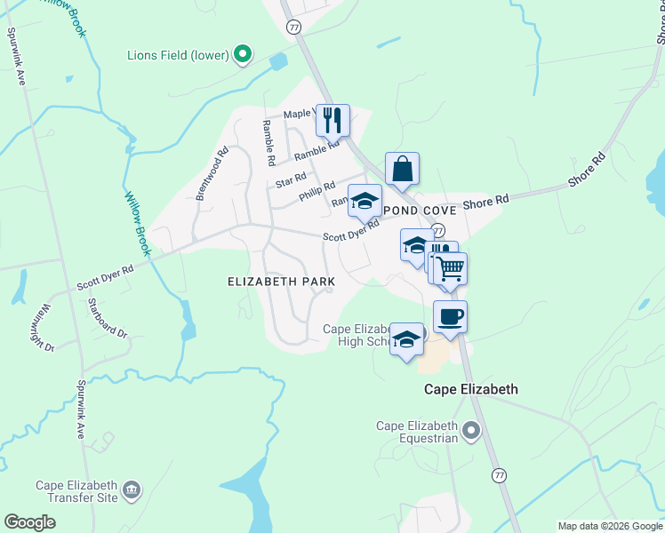 map of restaurants, bars, coffee shops, grocery stores, and more near 10 Farm Hill Road in Cape Elizabeth