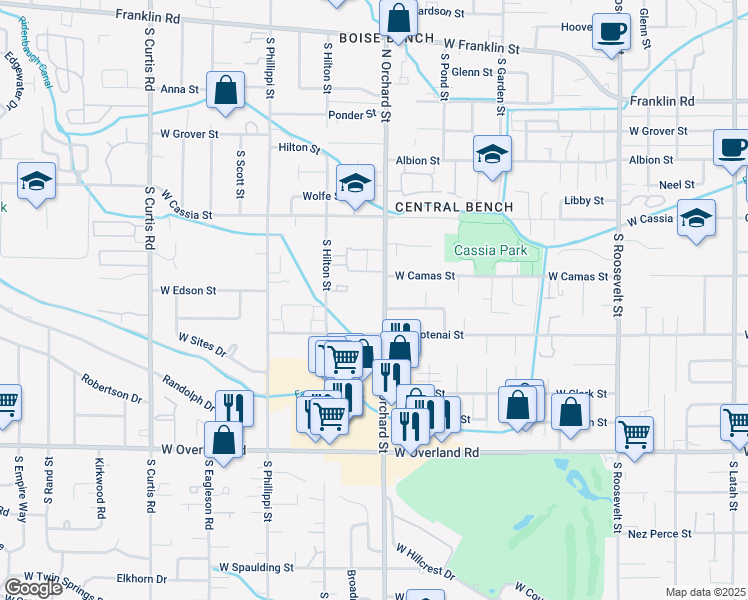 map of restaurants, bars, coffee shops, grocery stores, and more near 1011 South Orchard Street in Boise