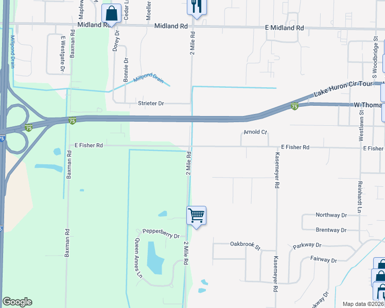 map of restaurants, bars, coffee shops, grocery stores, and more near 5017 2 Mile Road in Bay City