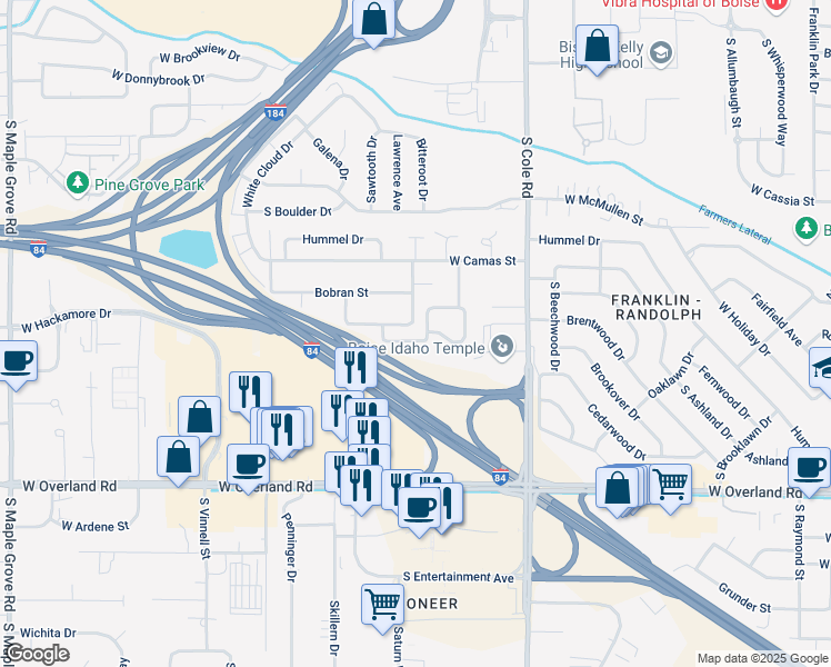 map of restaurants, bars, coffee shops, grocery stores, and more near 7760 Candlewood Drive in Boise