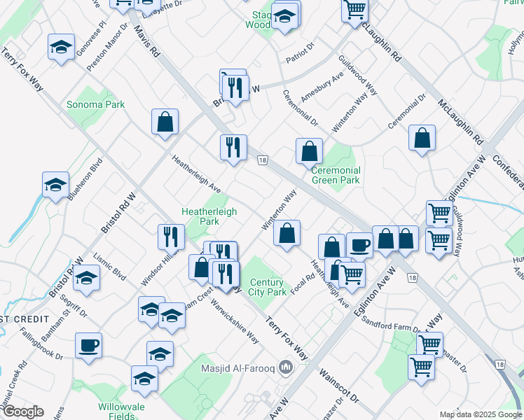 map of restaurants, bars, coffee shops, grocery stores, and more near 5205 Fairford Crescent in Mississauga