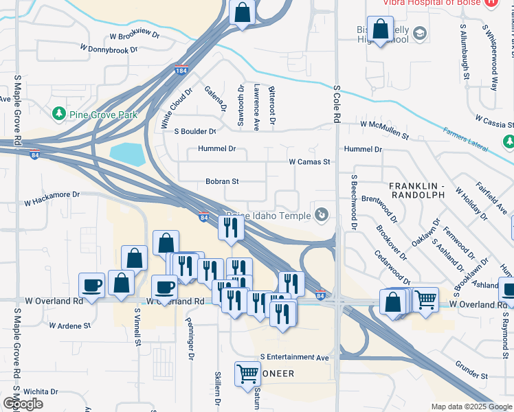 map of restaurants, bars, coffee shops, grocery stores, and more near 7760 Candlewood Drive in Boise