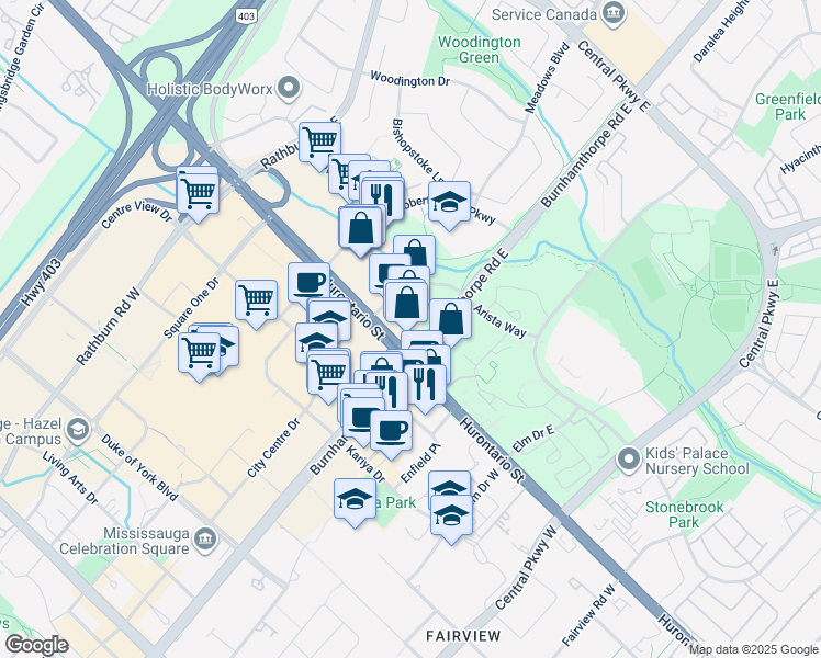 map of restaurants, bars, coffee shops, grocery stores, and more near 60 Absolute Avenue in Mississauga