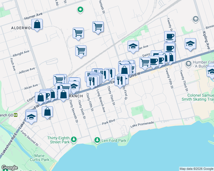 map of restaurants, bars, coffee shops, grocery stores, and more near 3531 Lake Shore Boulevard West in Toronto