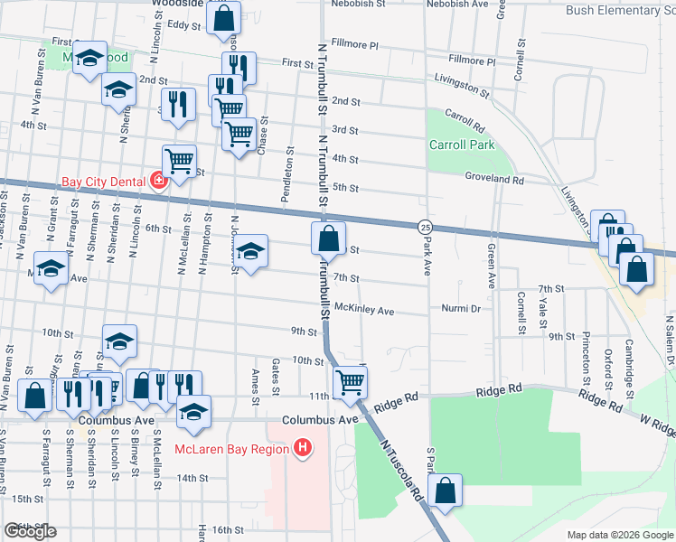 map of restaurants, bars, coffee shops, grocery stores, and more near 2105 7th Street in Bay City