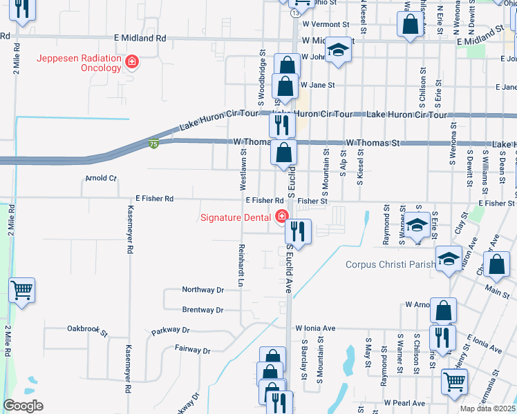 map of restaurants, bars, coffee shops, grocery stores, and more near 3428 East Fisher Road in Bay City