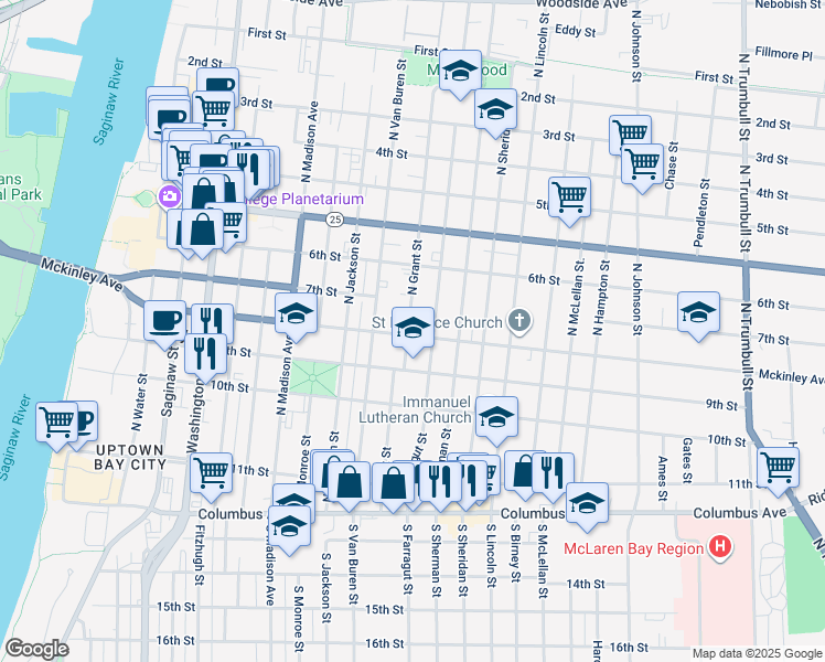 map of restaurants, bars, coffee shops, grocery stores, and more near 1001 Mckinley Street in Bay City