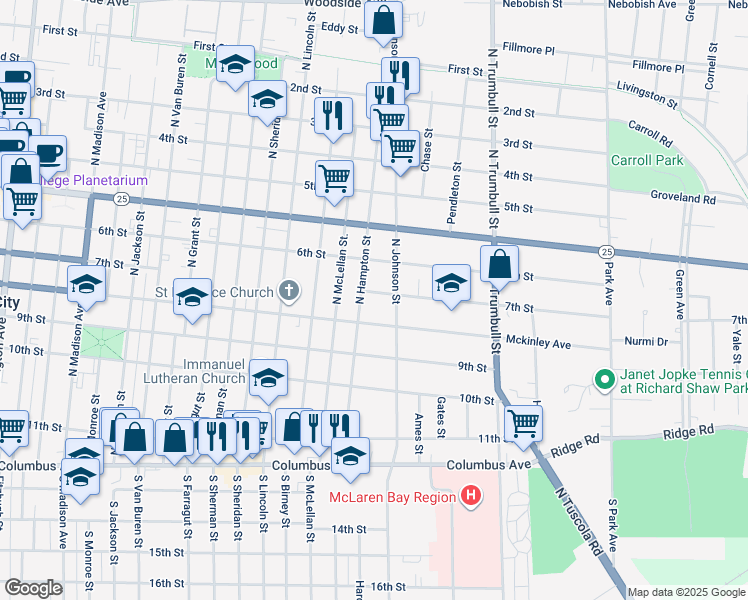map of restaurants, bars, coffee shops, grocery stores, and more near 1708 7th Street in Bay City