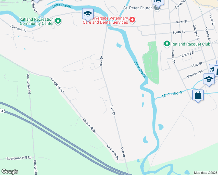 map of restaurants, bars, coffee shops, grocery stores, and more near 200 Dorr Drive in Rutland