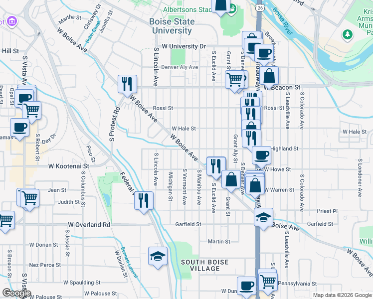 map of restaurants, bars, coffee shops, grocery stores, and more near West Boise Avenue in Boise
