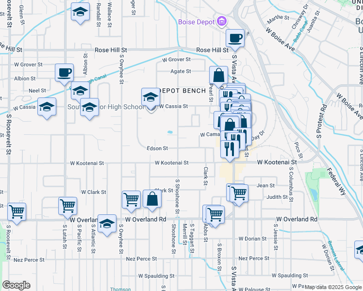 map of restaurants, bars, coffee shops, grocery stores, and more near 1012 South Shoshone Street in Boise