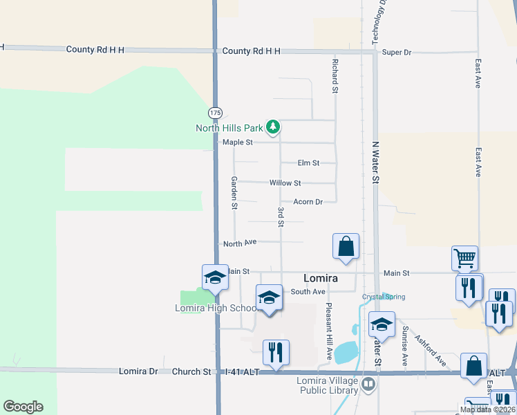 map of restaurants, bars, coffee shops, grocery stores, and more near 982 Acorn Street in Lomira