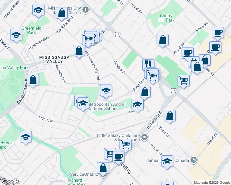 map of restaurants, bars, coffee shops, grocery stores, and more near 441 Lana Terrace in Mississauga