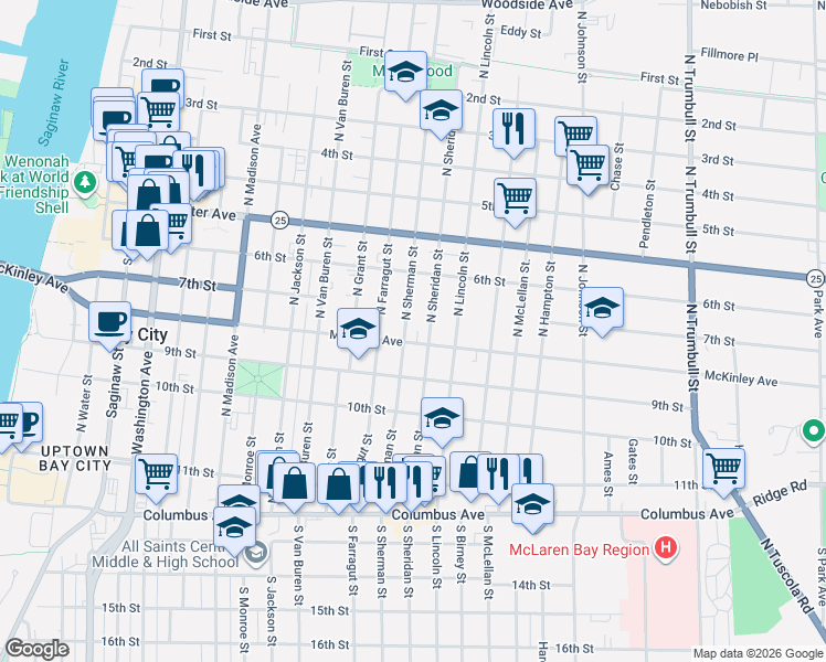 map of restaurants, bars, coffee shops, grocery stores, and more near 502 North Sherman Street in Bay City