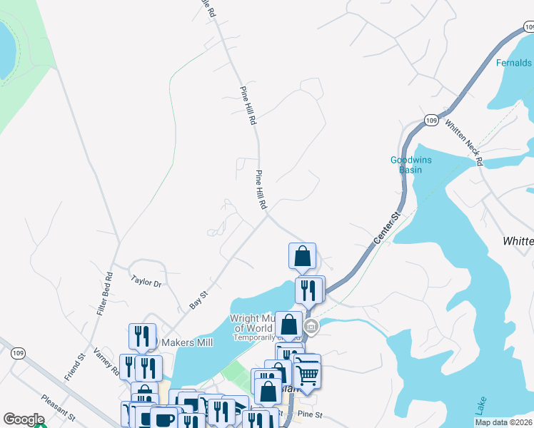 map of restaurants, bars, coffee shops, grocery stores, and more near 2 Pine Hill Rd in Wolfeboro