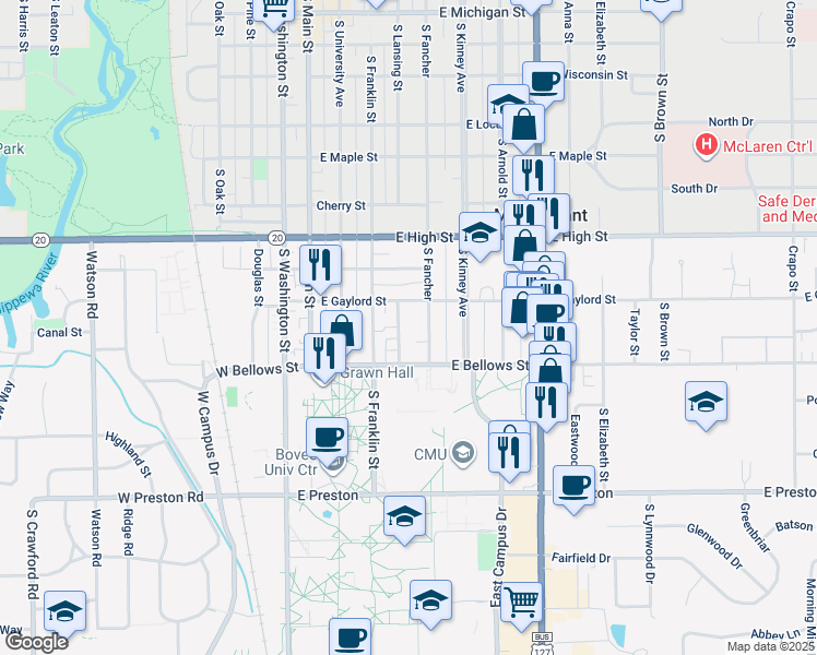 map of restaurants, bars, coffee shops, grocery stores, and more near 1011 South Lansing Street in Mount Pleasant